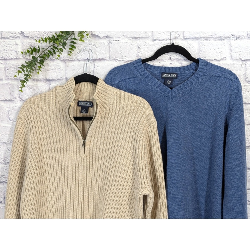 SWEATERS LOT 2😍Vntg Lands' End Men's L 42-44 V-Neck Sweater Quarter Zip Cotton